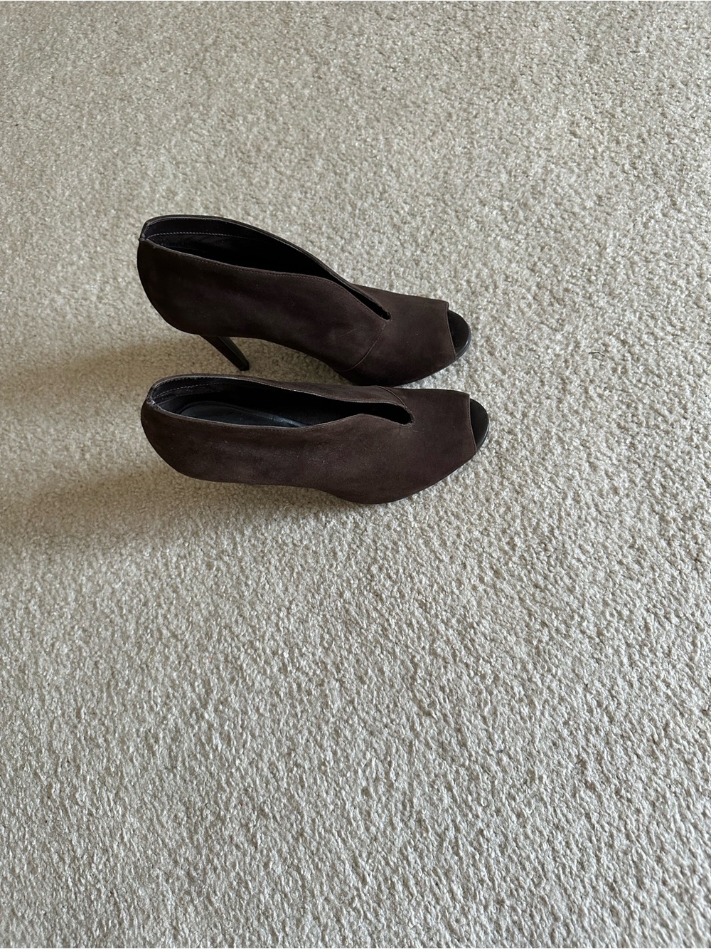 levity Dark Brown Suede Peep-Toe Heels